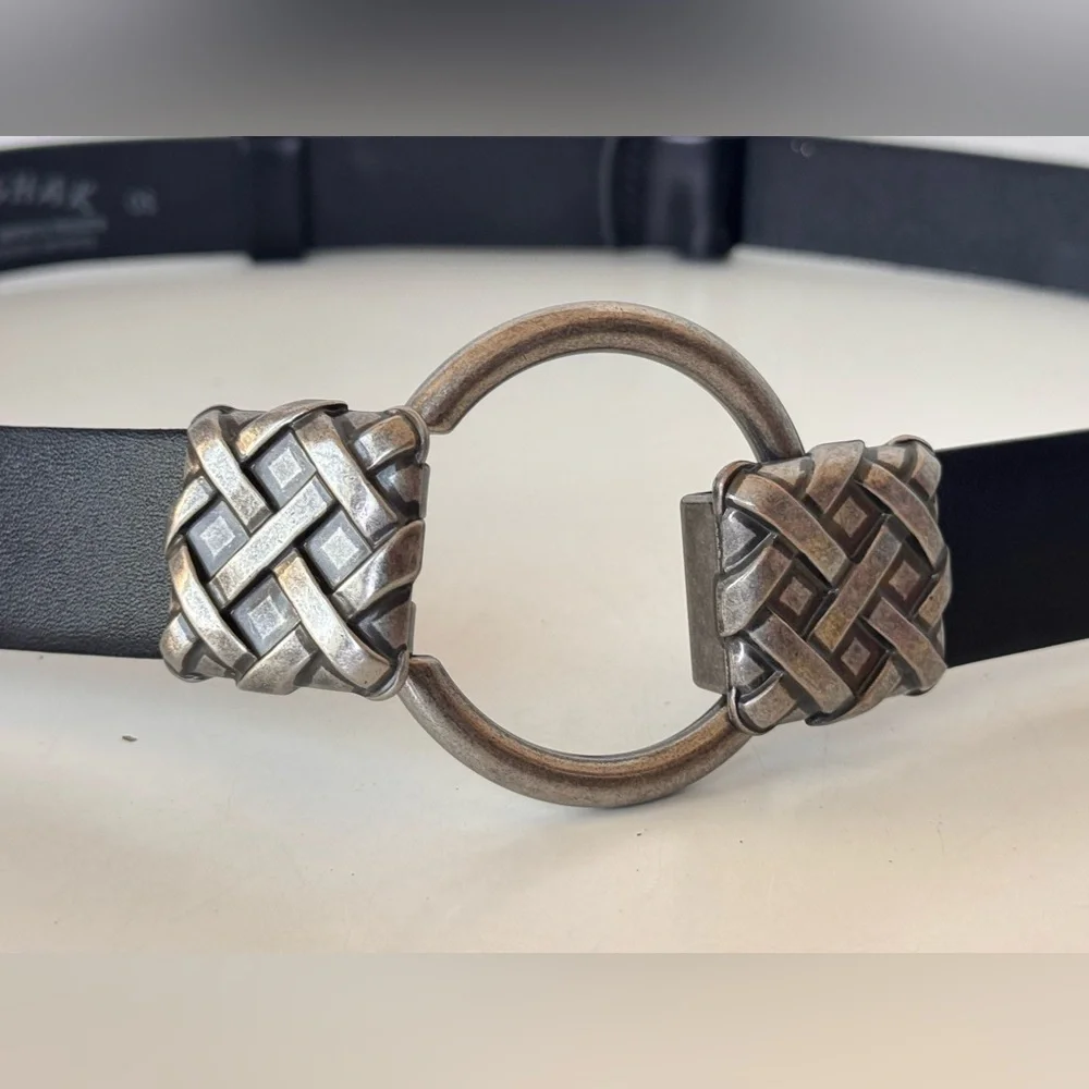 Belt Shak Black Italian Leather Slide Belt Silver Tone Weave Buckle